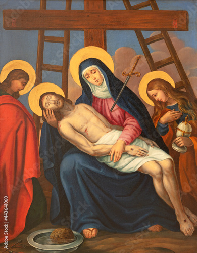 VIENNA, AUSTIRA - JUNI 17, 2021: The painting  Deposition of the cross (Pieta) as part of Cross way stations in church Rochuskirche by unknown artist.