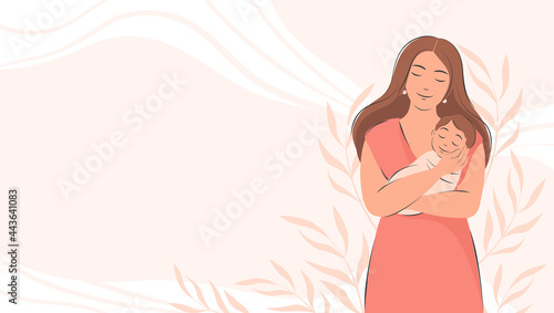 Banner about pregnancy and motherhood with place for text. Woman holding baby in her arms. Happy Mother's Day.  Flat vector illustration.
