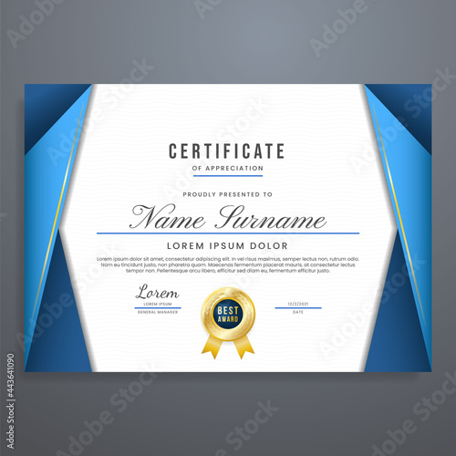 Multipurpose certificate template design with blue color, can be used for appreciation, graduation, event, attendance, etc