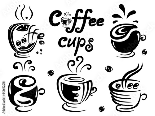 The black and white tones of coffee cup designs can be adapted to applications such as t-shirt designs. digital printing Decorate coffee shops, logos, printed bags, digital paper, cushions, mug design © Churiarat