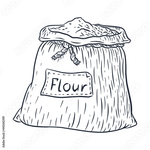 Line Art Sack with Flour Illustration. Hand-drawn burlap bagful of flour engraved sketch for emblem, logo, menu, recipe, food prints, stickers