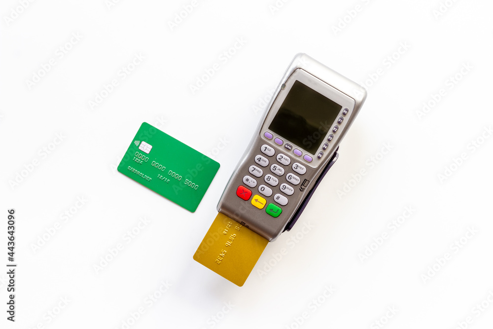 Payment transactions with credit card by pos terminal. Top view Payment transactions with credit card by pos terminal. Top view