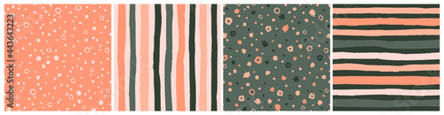 Collection of different seamless repeat pattern backgrounds. Bundle of vector all over surface prints with dots, circles, flowersa and stripes.