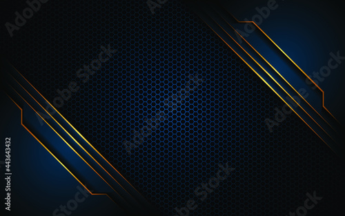Abstract dark blue luxury polygon with golden lines on dark steel mesh background. Modern technological innovation concept background.
