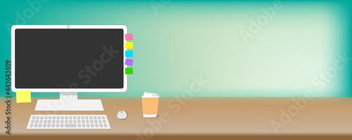 Desktop PC on the desk. keyboard and mouse. mock up, vector illustration, copy space, web header, banner, graphic,