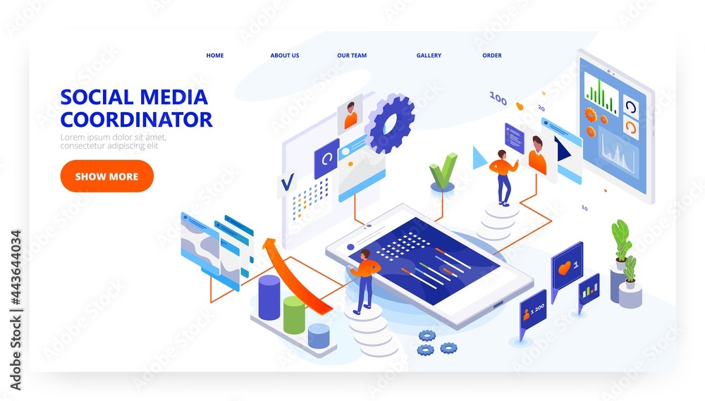 Social media coordinator landing page design, website banner vector template. Marketing manager job. Social media coordinator landing page design, website banner vector template. Marketing manager job.