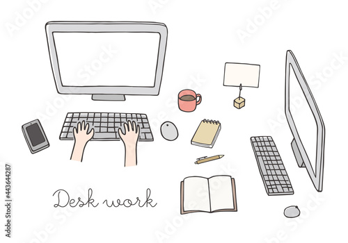 手描きのパソコンのイラスト デスクワーク（カラー）