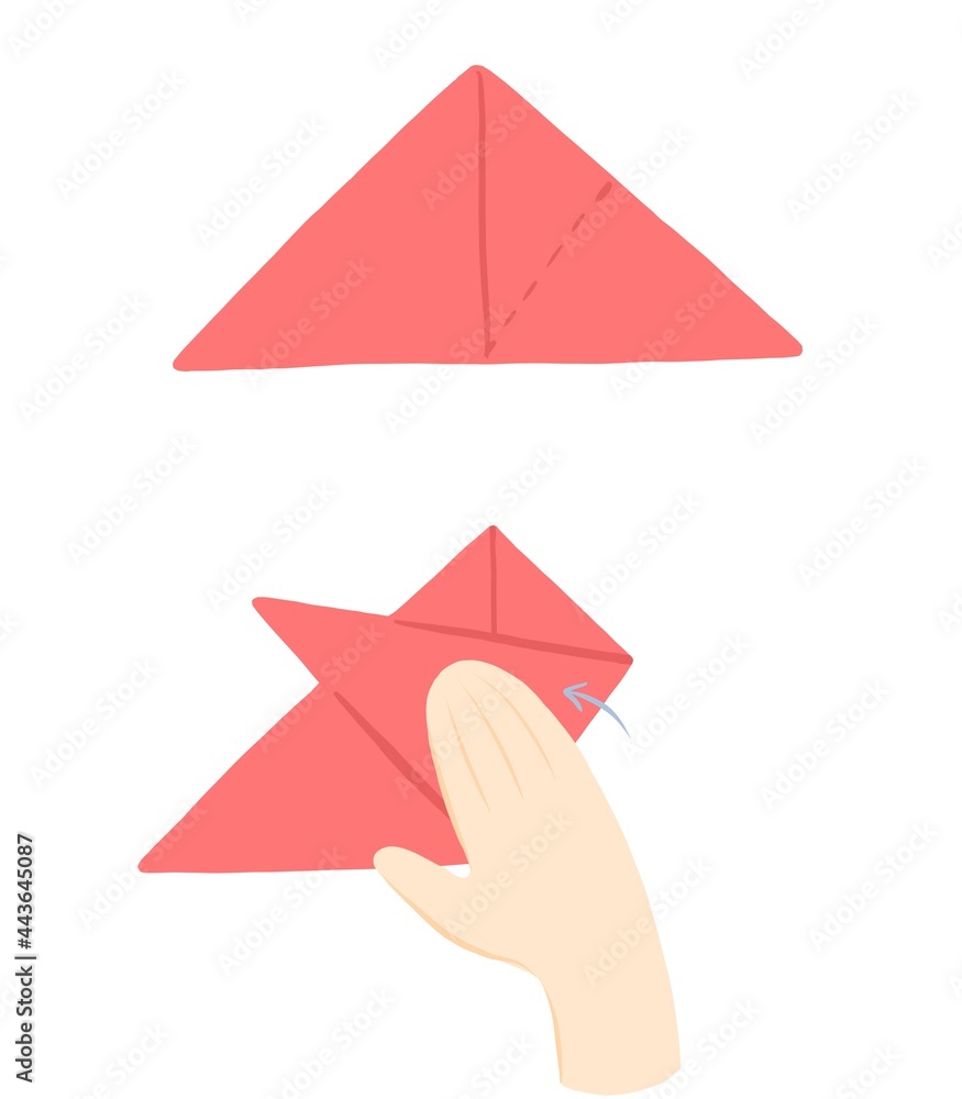 Step-by-step instruction for children for making a festive origami flower tulip of paper. Creative holiday craft gift for mother, grandmother and sister. Step 2 Step-by-step instruction for children for making a festive origami flower tulip of paper. Creative holiday craft gift for mother, grandmother and sister. Step 2