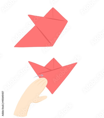 Step-by-step instruction for children for making a festive origami flower tulip of paper. Creative holiday craft gift for mother, grandmother and sister. Step 3 © Ольга Окашева