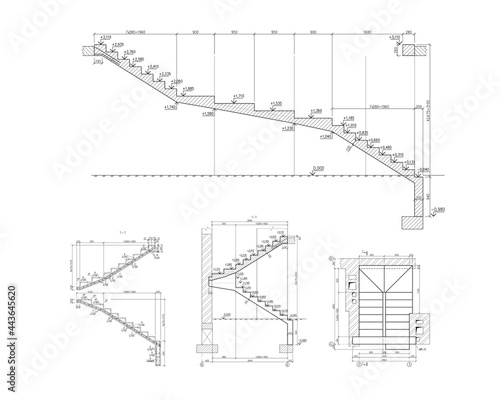 Detailed architectural plan of stairs, construction industry vector 