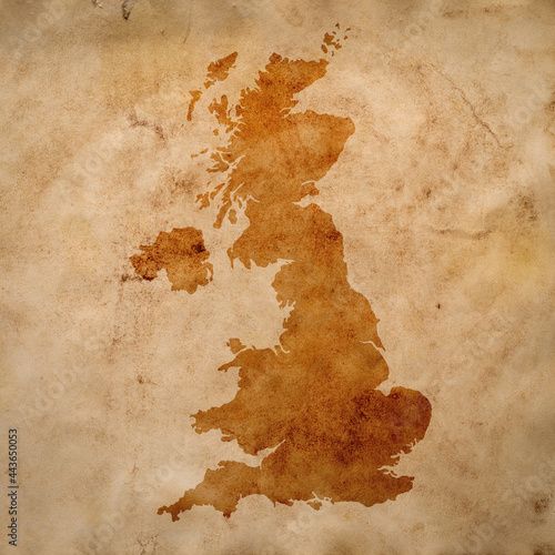 map of United Kingdom on old grunge brown paper