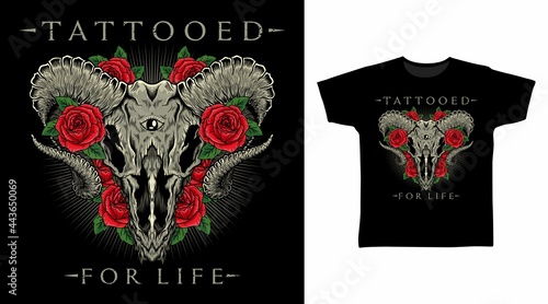 Goat Head Tattooed with Roses vector illustration t-shirt design concept.