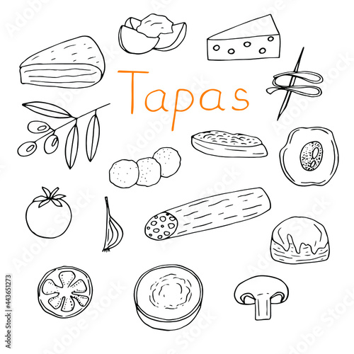 Spanish cuisine tapas set, vector illustration, doodle hand drawn