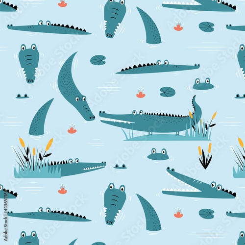Hand drawing cute crocodile seamless pattern vector illustration for the t-shirt design. Vector illustration design for fashion fabrics, textile graphics, prints.