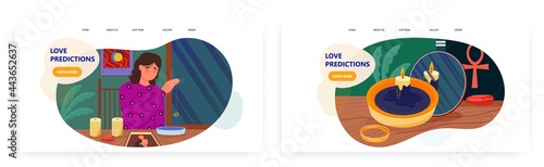Love predictions landing page design, website banner vector template set. Woman predicting marriage with wedding ring.