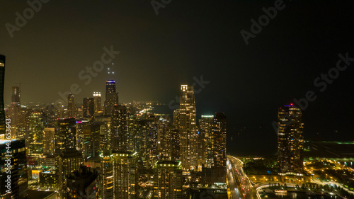 Chicago Downtown Lakeshore At Night Drone