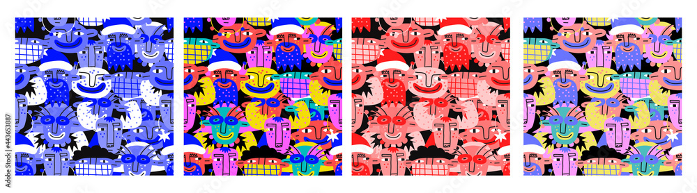 set of colorfull Christmas seamless patterns-psychedelic santa, children, deer,decorations.New Year celebration.Party in the style of the 80s and 90s.Bizarre non binary characters 2022.Body neutrality