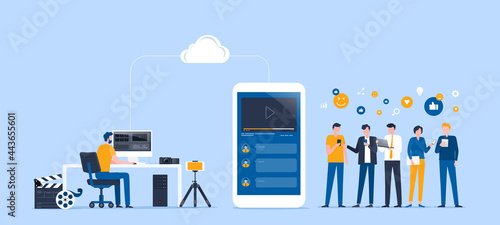 flat vector illustration video editor team working and making a video clip for online upload and share work on cloud with group people target on social network concept