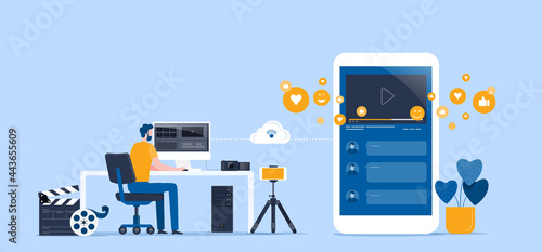 flat vector illustration video editor team working and making a video clip for online upload and share work on cloud with group people target on social network concept