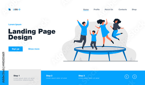 Happy friends jumping on trampoline flat vector illustration. Cartoon people having fun and bouncing in amusement park. Friendship and entertainment concept