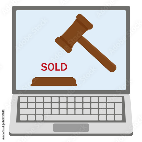 Online auction via laptop, color vector isolated illustration