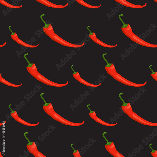 Seamless pattern with chilli peppers. Vibrant print with red hot vegetables. Background for menu or food design. Vector flat illustration