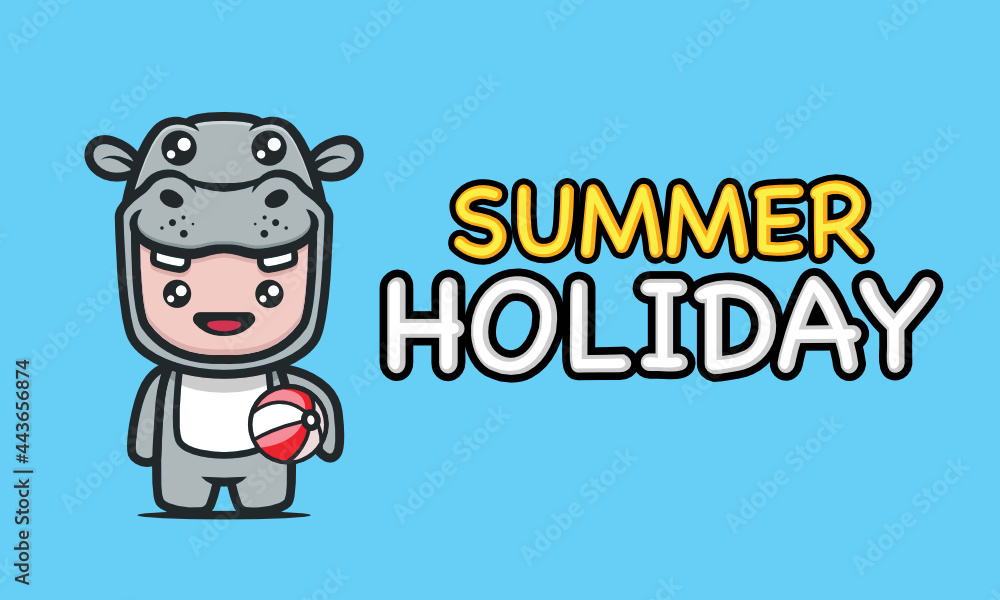 Cute kid with hippocostume holding ball summer holiday banner