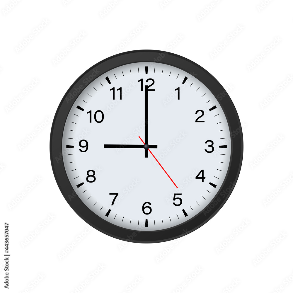 Circle Black Clock Mockup Showing 9 O'clock Isolated on White Background. Vector Illustration Circle Black Clock Mockup Showing 9 O'clock Isolated on White Background. Vector Illustration