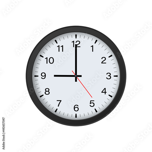 Circle Black Clock Mockup Showing 9 O'clock Isolated on White Background. Vector Illustration