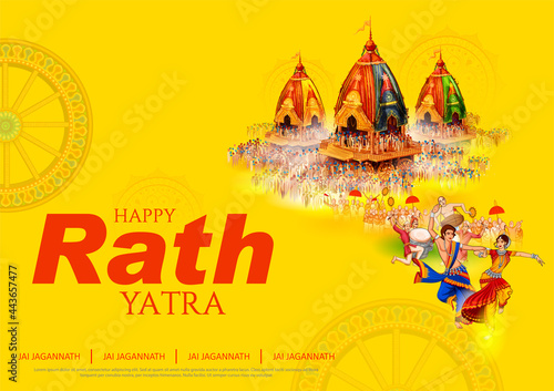 Lord Jagannath, Balabhadra and Subhadra on annual Rathayatra in Odisha festival background