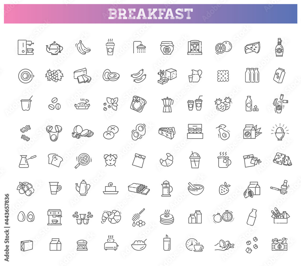 Vector outline breakfast flat icons. Cooking set
