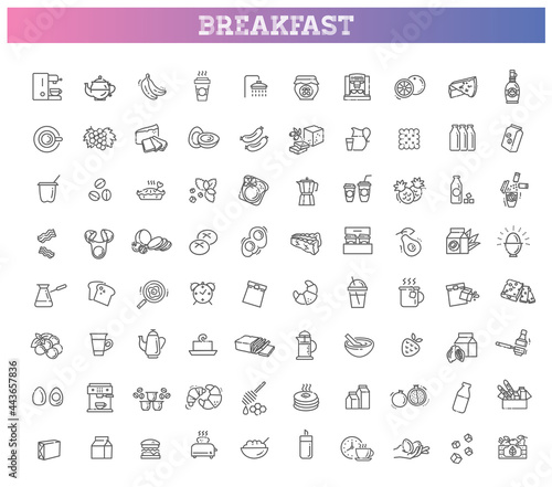 Vector outline breakfast flat icons. Cooking set