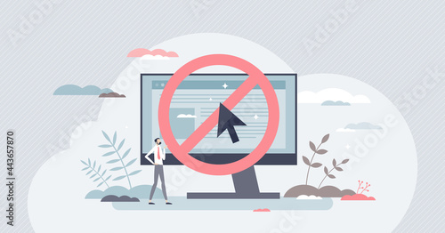 Banned website and forbidden risky internet browser site tiny person concept. Suspicious online warning notification to control illegal content vector illustration. Digital notice with blocked message photo