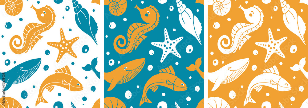 Cute seamless pattern in three color options. Hand drawn textured seahorse, fish, whale, starfish and shell. Vector flat underwater world illustration Cute seamless pattern in three color options. Hand drawn textured seahorse, fish, whale, starfish and shell. Vector flat underwater world illustration