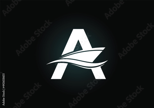 Capital letter A with the ship, cruise, or boat logo design template, Yacht icon sign symbol with ocean waves vector illustration