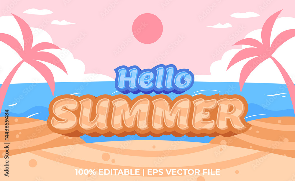 3d text effect with hello summer on beach. Typography with beach background.