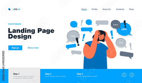 Too much information or spam concept. Sad social media internet user holding head, trying to stop hoax fake news, disinformation noise. Flat vector illustration