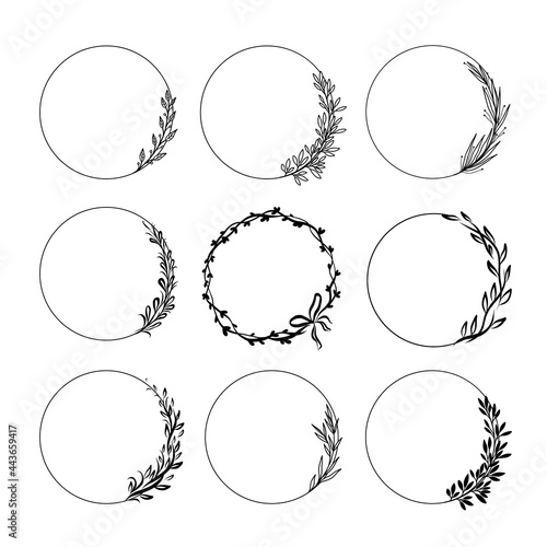Set of round floral frames. Vintage laurel wreaths. Plants wreaths with leaves, branches, berries. Decorative doodle elements for design. Vector illustration isolated on white background