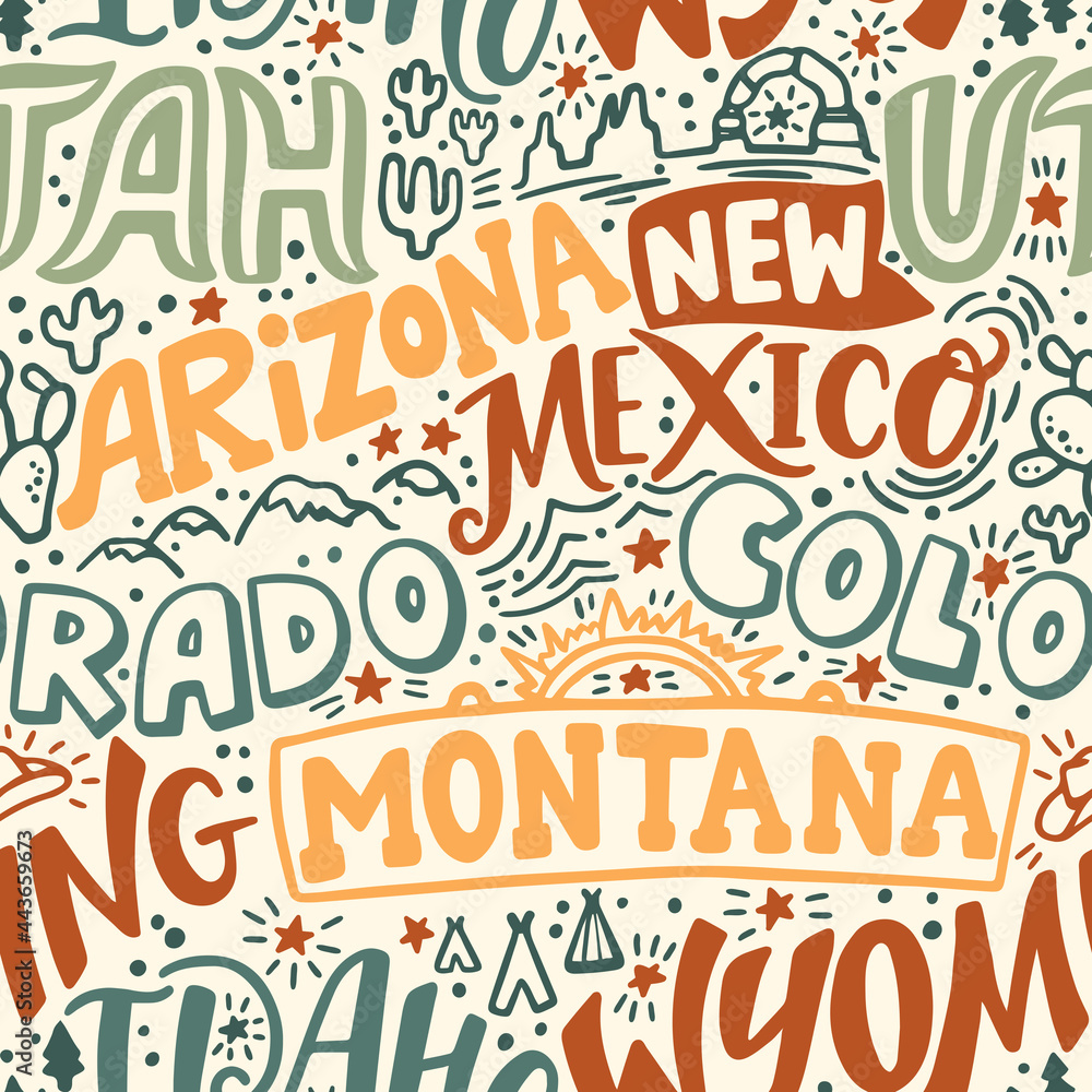 Around the World. AMERICAN MOUNTAIN STATES vector lettering seamless pattern. Country and major cities. Vector illustration