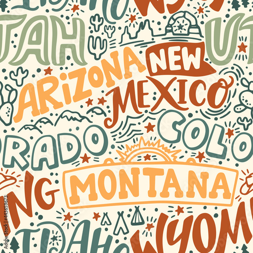 Around the World. AMERICAN MOUNTAIN STATES vector lettering seamless pattern. Country and major cities. Vector illustration (ID: 443659673)