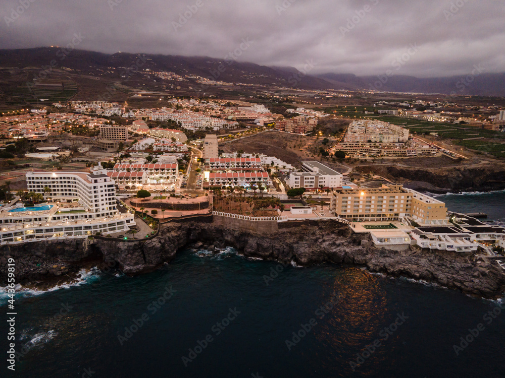 Photo with drone of the coast of Tenerife Canary Islands at night