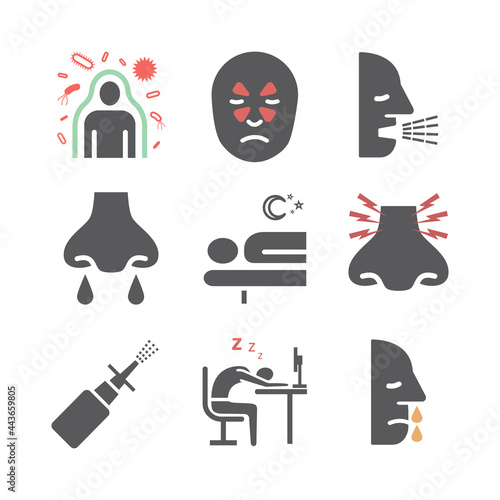 Sinusitis. Symptoms, Treatment. Flat icons set. Vector signs for web graphics