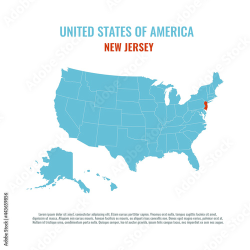 United States of America isolated map and New Jersey state territory. USA political map illustration template. geographic banner design