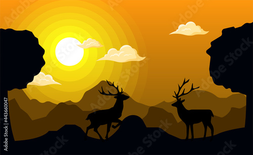 Vector illustration of deer and tropical rainforest horizontal panorama in silhouette style with trees and mountains  forest concept.