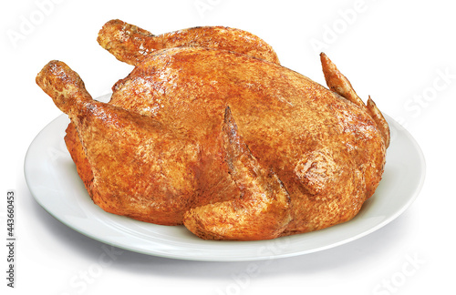 Roasted chicken on plate on white background