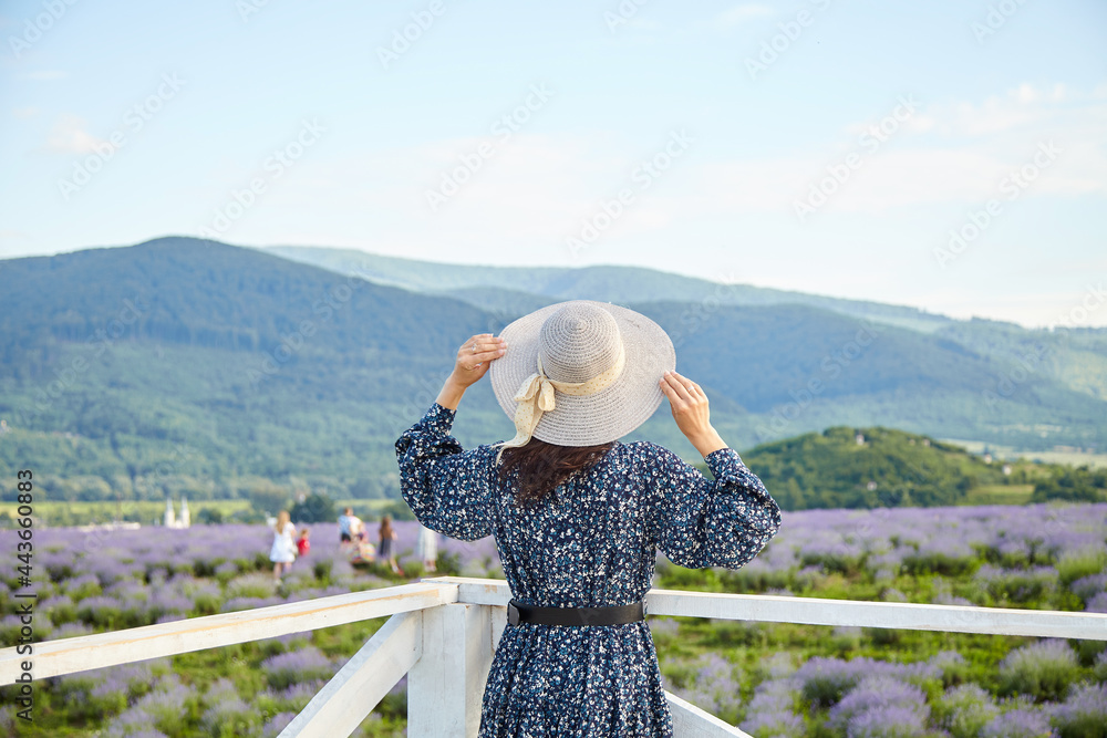 girl in a hat against a background of lavender field and mountains