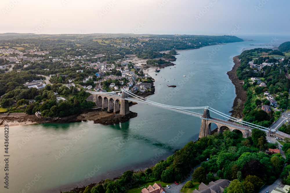 Naklejka premium Aerial view of Telford's Suspension Bridge Across The Menai Starights - Wales, UK.