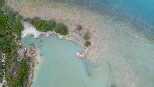 Small Island off Koh Samui in the Gulf of Thailand Aerial Drone View with copy space Archipelago of islands in Southern Thailand