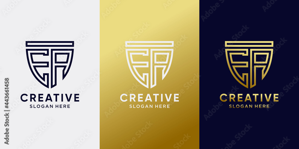 Shield logo design initial letter EA with line art style and creative ...