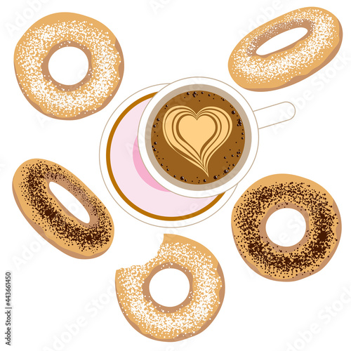 Donut with powdered sugar and cup of coffee. Set of different doughnut. Cartoon style.